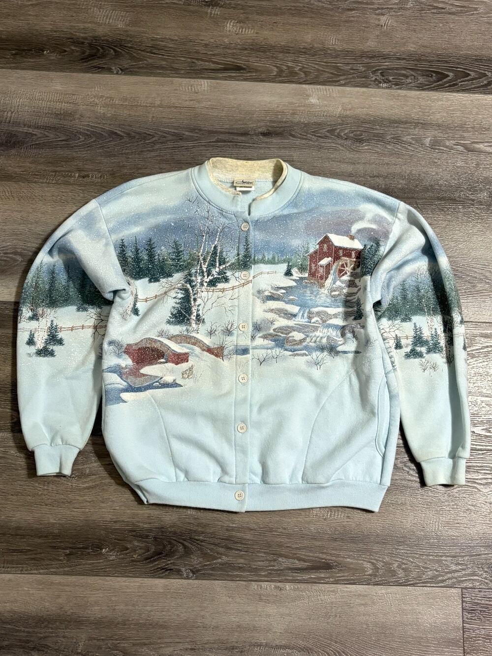 Vintage 90s Artisans Winter Nature Cardigan Retro Made In USA - Men’s Medium